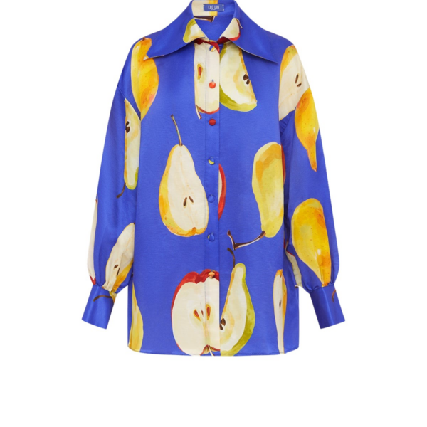 Leo Lin Blue Tops An ode to the orchard. Lush pears are playfully scattered across a striking cobalt base