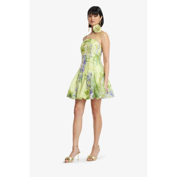 Premium linen-blend printed mini dress