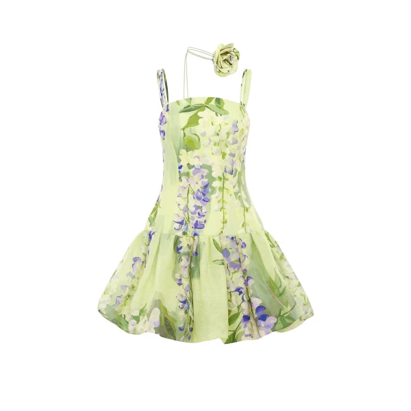 Leo Lin Green Dresses A cascading lilac dream! These beautiful lilac wisteria blooms tumble down a soft lime canvas. This print evokes pure fresh air