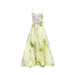 Leo Lin Green Dresses A cascading lilac dream! These beautiful lilac wisteria blooms tumble down a soft lime canvas. This print evokes pure fresh air