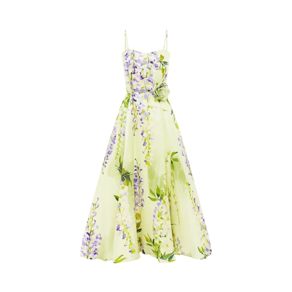Leo Lin Green Dresses A cascading lilac dream! These beautiful lilac wisteria blooms tumble down a soft lime canvas. This print evokes pure fresh air