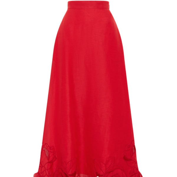 Leo Lin Red Skirts Premium linen-blend appliqué maxi skirt