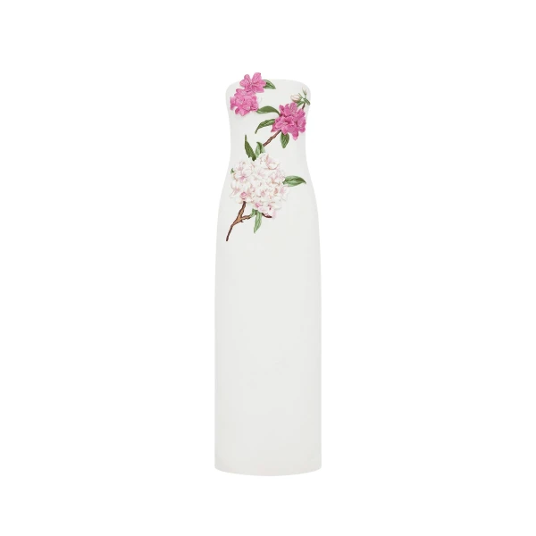 Leo Lin White Dresses Blossoms and pears tangled together on a soft canvas. Fresh