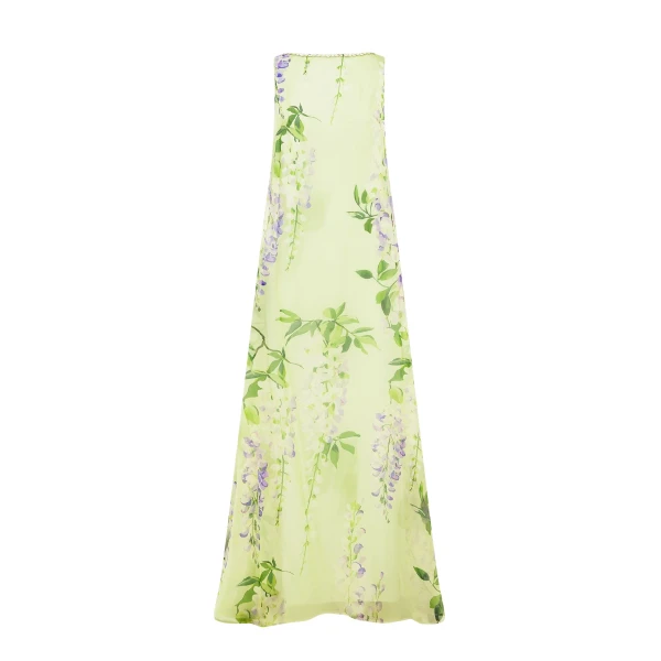 Leo Lin Green Dresses A cascading lilac dream! These beautiful lilac wisteria blooms tumble down a soft lime canvas. This print evokes pure fresh air
