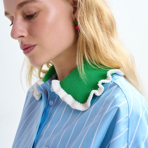 Essentiel Antwerp Light blue and off-white striped cotton shirt with green crochet ruffled collar - Essentiel Antwerp Shirts - Colorful Belgian Design - Shop at Coveti