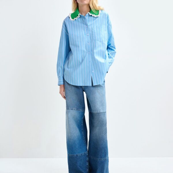 Essentiel Antwerp Light blue and off-white striped cotton shirt with green crochet ruffled collar - Essentiel Antwerp Shirts - Colorful Belgian Design - Shop at Coveti