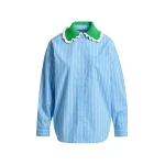 Essentiel Antwerp Light blue and off-white striped cotton shirt with green crochet ruffled collar - Essentiel Antwerp Shirts - Colorful Belgian Design - Shop at Coveti