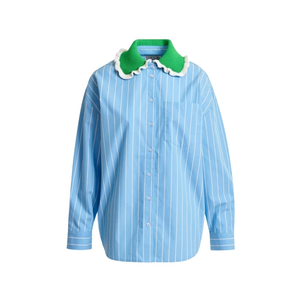 Essentiel Antwerp Light blue and off-white striped cotton shirt with green crochet ruffled collar - Essentiel Antwerp Shirts - Colorful Belgian Design - Shop at Coveti