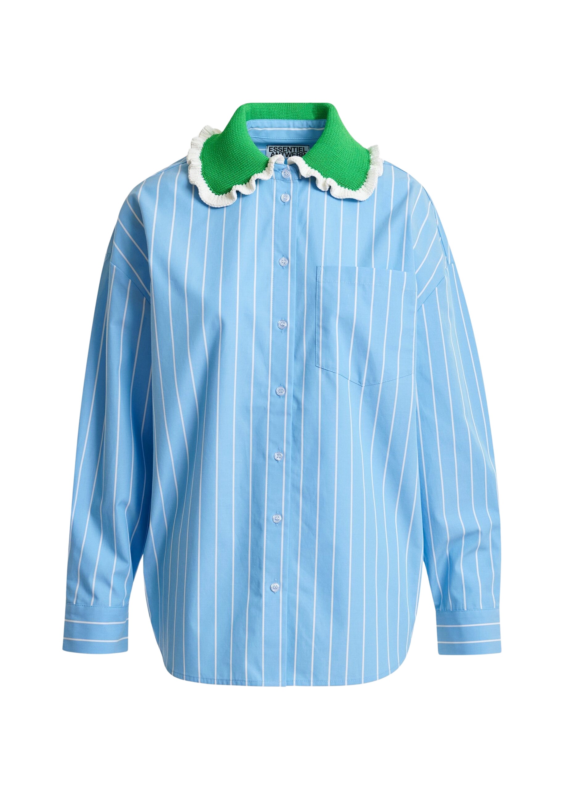 Essentiel Antwerp Light blue and off-white striped cotton shirt with green crochet ruffled collar - Essentiel Antwerp Shirts - Colorful Belgian Design - Shop at Coveti
