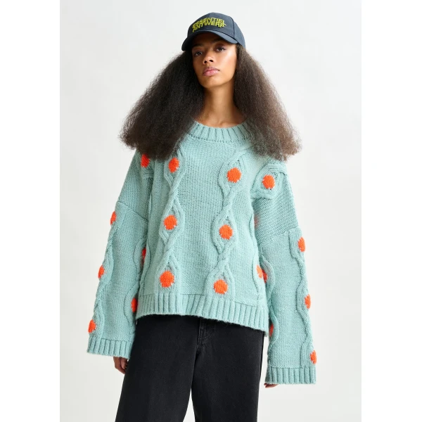 Essentiel Antwerp Light blue and orange polka-dot cable-knit sweater, view 2