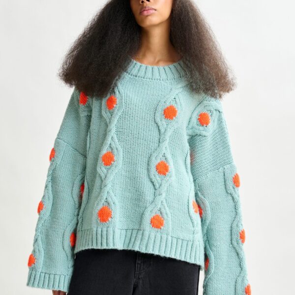 Essentiel Antwerp Light blue and orange polka-dot cable-knit sweater - Essentiel Antwerp Knitwear - Colorful Belgian Design - Shop at Coveti