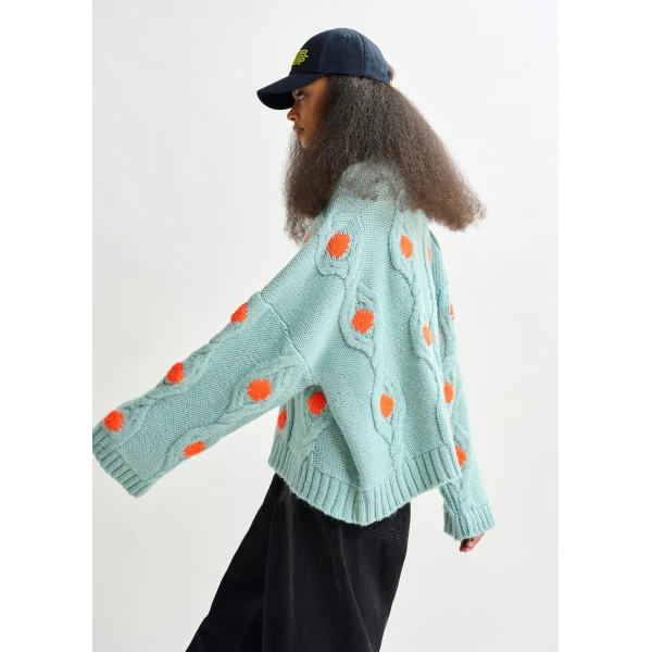 Essentiel Antwerp Light blue and orange polka-dot cable-knit sweater, view 3
