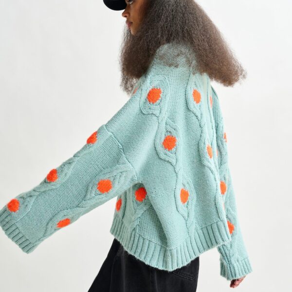 Essentiel Antwerp Light blue and orange polka-dot cable-knit sweater - Essentiel Antwerp Knitwear - Colorful Belgian Design - Shop at Coveti