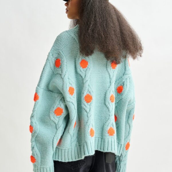 Essentiel Antwerp Light blue and orange polka-dot cable-knit sweater - Essentiel Antwerp Knitwear - Colorful Belgian Design - Shop at Coveti