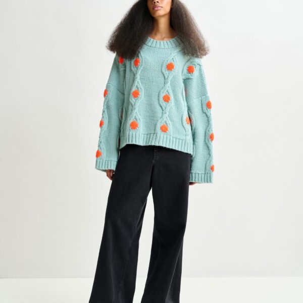 Essentiel Antwerp Light blue and orange polka-dot cable-knit sweater - Essentiel Antwerp Knitwear - Colorful Belgian Design - Shop at Coveti