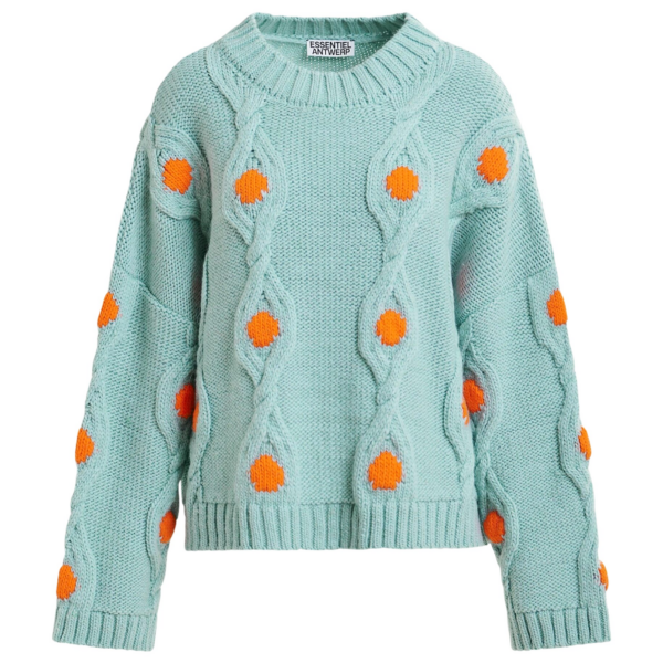 Essentiel Antwerp Light blue and orange polka-dot cable-knit sweater - Essentiel Antwerp Knitwear - Colorful Belgian Design - Shop at Coveti