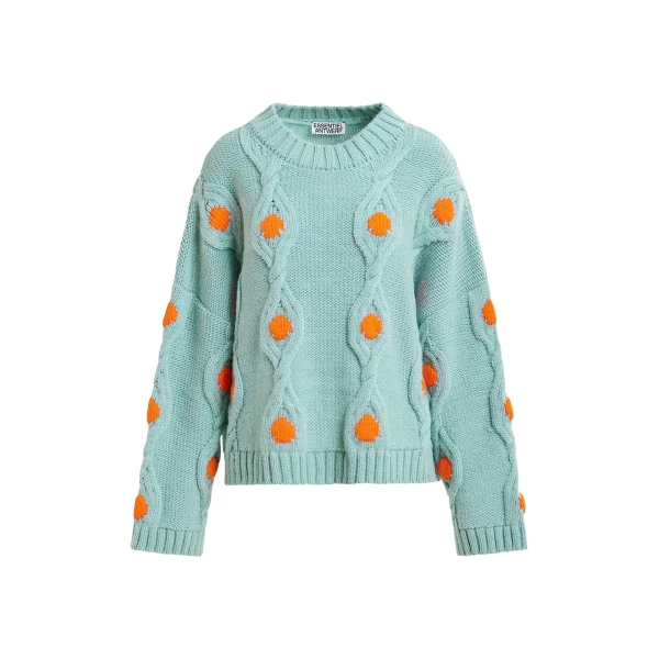 Essentiel Antwerp Light blue and orange polka-dot cable-knit sweater - Essentiel Antwerp Knitwear - Colorful Belgian Design - Shop at Coveti