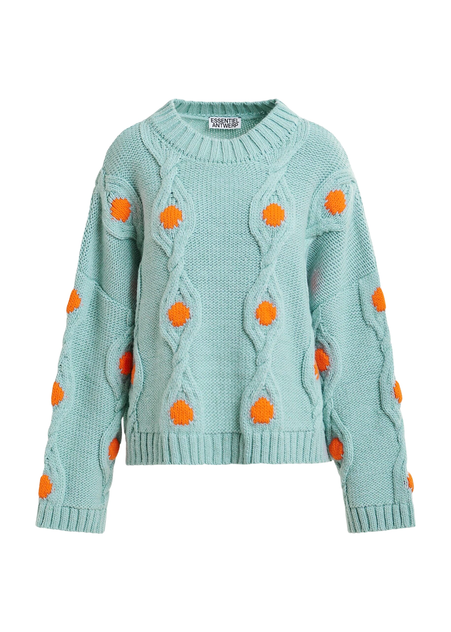 Essentiel Antwerp Light blue and orange polka-dot cable-knit sweater - Essentiel Antwerp Knitwear - Colorful Belgian Design - Shop at Coveti