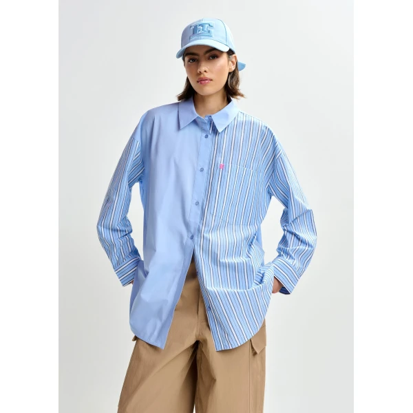 Essentiel Antwerp Light blue, dark blue and white striped panel detail cotton shirt, view 2