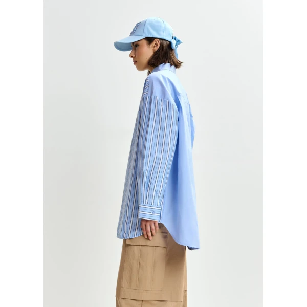 Essentiel Antwerp Light blue, dark blue and white striped panel detail cotton shirt, view 3