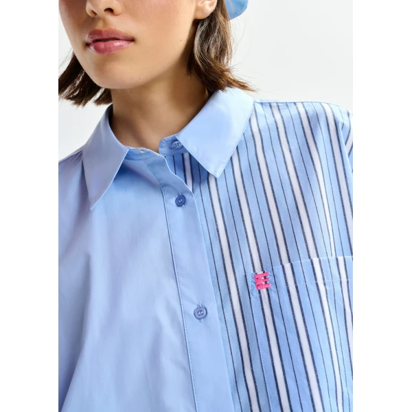 Essentiel Antwerp Light blue, dark blue and white striped panel detail cotton shirt, view 4