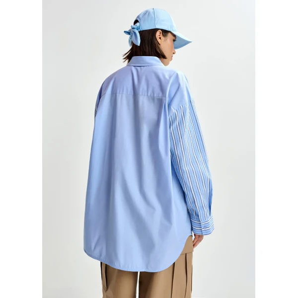 Essentiel Antwerp Light blue, dark blue and white striped panel detail cotton shirt, view 5