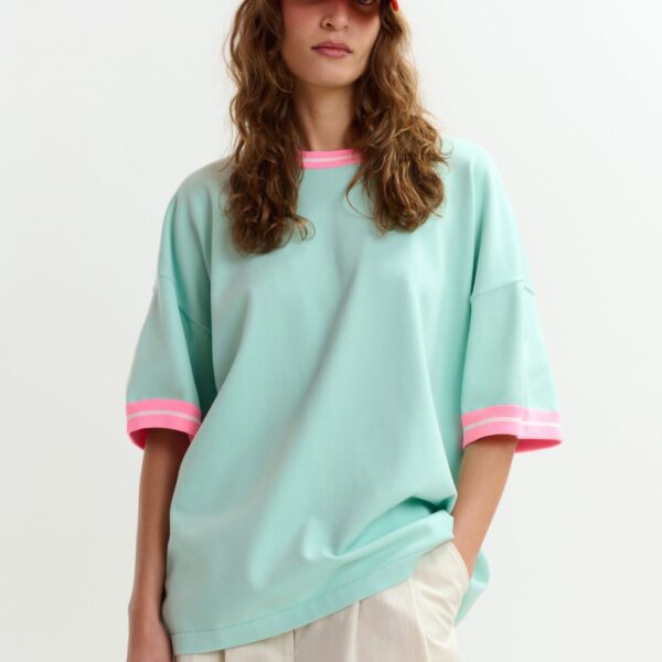 Essentiel Antwerp Light blue knit T-shirt with pink contrasting trim - Essentiel Antwerp Shirts - Colorful Belgian Design - Shop at Coveti