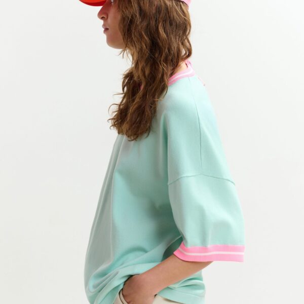 Essentiel Antwerp Light blue knit T-shirt with pink contrasting trim - Essentiel Antwerp Shirts - Colorful Belgian Design - Shop at Coveti