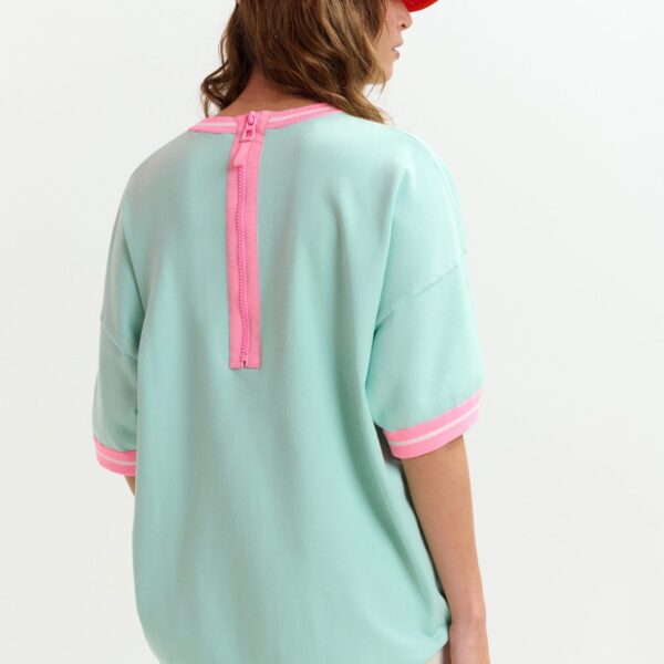 Essentiel Antwerp Light blue knit T-shirt with pink contrasting trim - Essentiel Antwerp Shirts - Colorful Belgian Design - Shop at Coveti