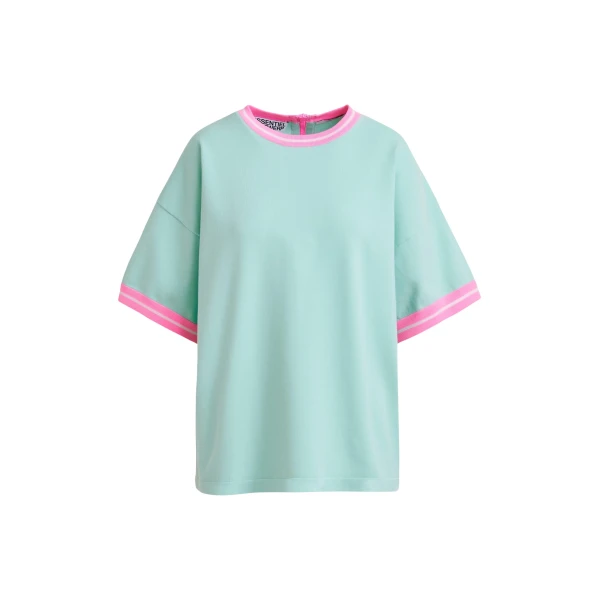 Essentiel Antwerp Light blue knit T-shirt with pink contrasting trim - Essentiel Antwerp Shirts - Colorful Belgian Design - Shop at Coveti