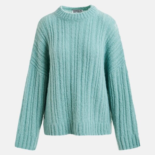 Essentiel Antwerp Light blue mohair-blend ribbed sweater with pussy-bow tie - Essentiel Antwerp Knitwear - Colorful Belgian Design - Shop at Coveti
