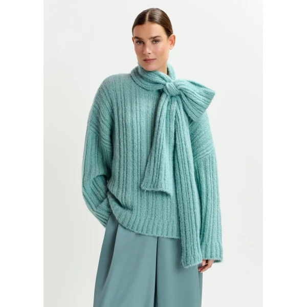 Essentiel Antwerp Light blue mohair-blend ribbed sweater with pussy-bow tie, view 3