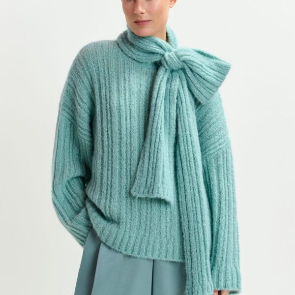 Essentiel Antwerp Light blue mohair-blend ribbed sweater with pussy-bow tie - Essentiel Antwerp Knitwear - Colorful Belgian Design - Shop at Coveti