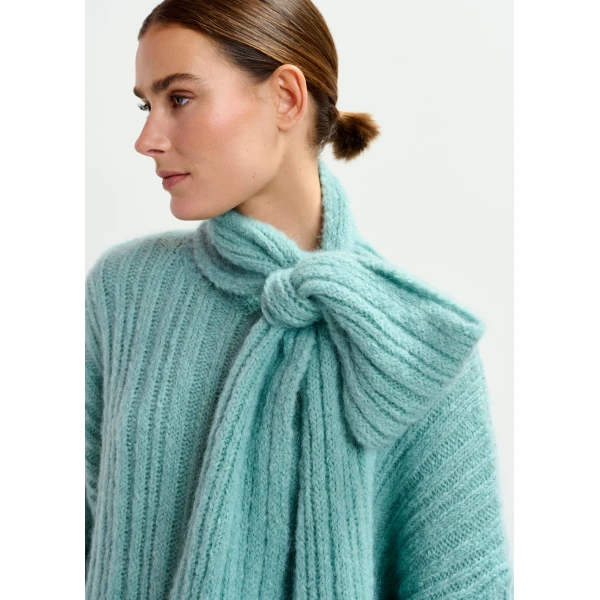 Essentiel Antwerp Light blue mohair-blend ribbed sweater with pussy-bow tie, view 4