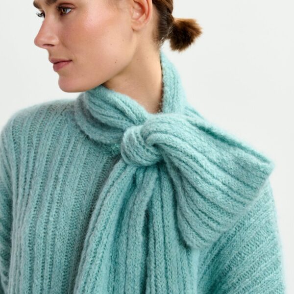 Essentiel Antwerp Light blue mohair-blend ribbed sweater with pussy-bow tie - Essentiel Antwerp Knitwear - Colorful Belgian Design - Shop at Coveti