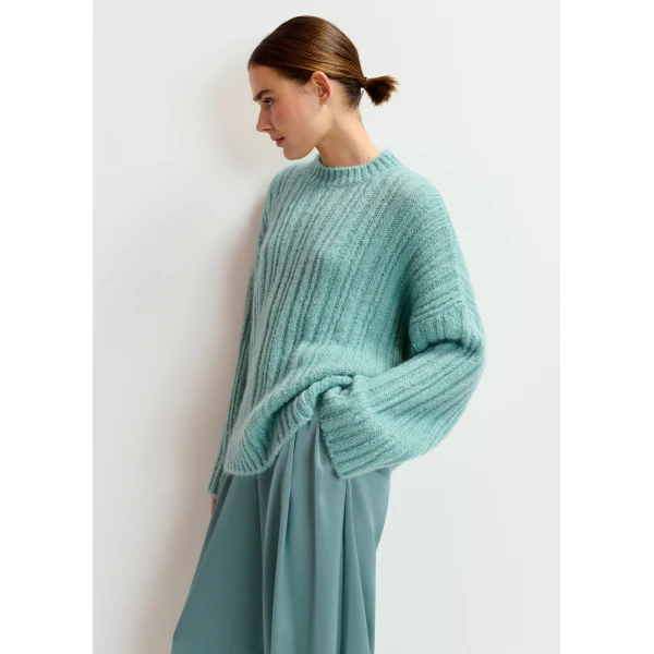 Essentiel Antwerp Light blue mohair-blend ribbed sweater with pussy-bow tie, view 5