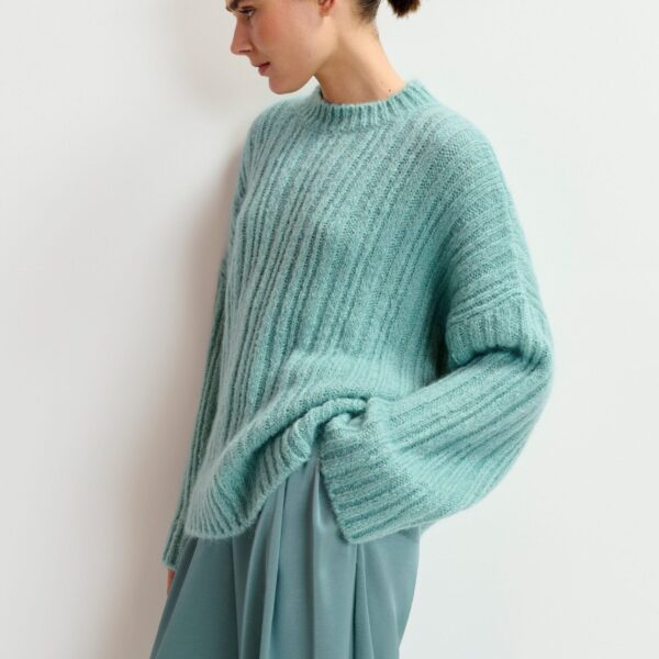 Essentiel Antwerp Light blue mohair-blend ribbed sweater with pussy-bow tie - Essentiel Antwerp Knitwear - Colorful Belgian Design - Shop at Coveti