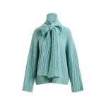 Essentiel Antwerp Light blue mohair-blend ribbed sweater with pussy-bow tie - Essentiel Antwerp Knitwear - Colorful Belgian Design - Shop at Coveti