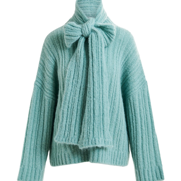 Essentiel Antwerp Light blue mohair-blend ribbed sweater with pussy-bow tie - Essentiel Antwerp Knitwear - Colorful Belgian Design - Shop at Coveti
