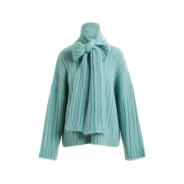 Essentiel Antwerp Light blue mohair-blend ribbed sweater with pussy-bow tie - Essentiel Antwerp Knitwear - Colorful Belgian Design - Shop at Coveti