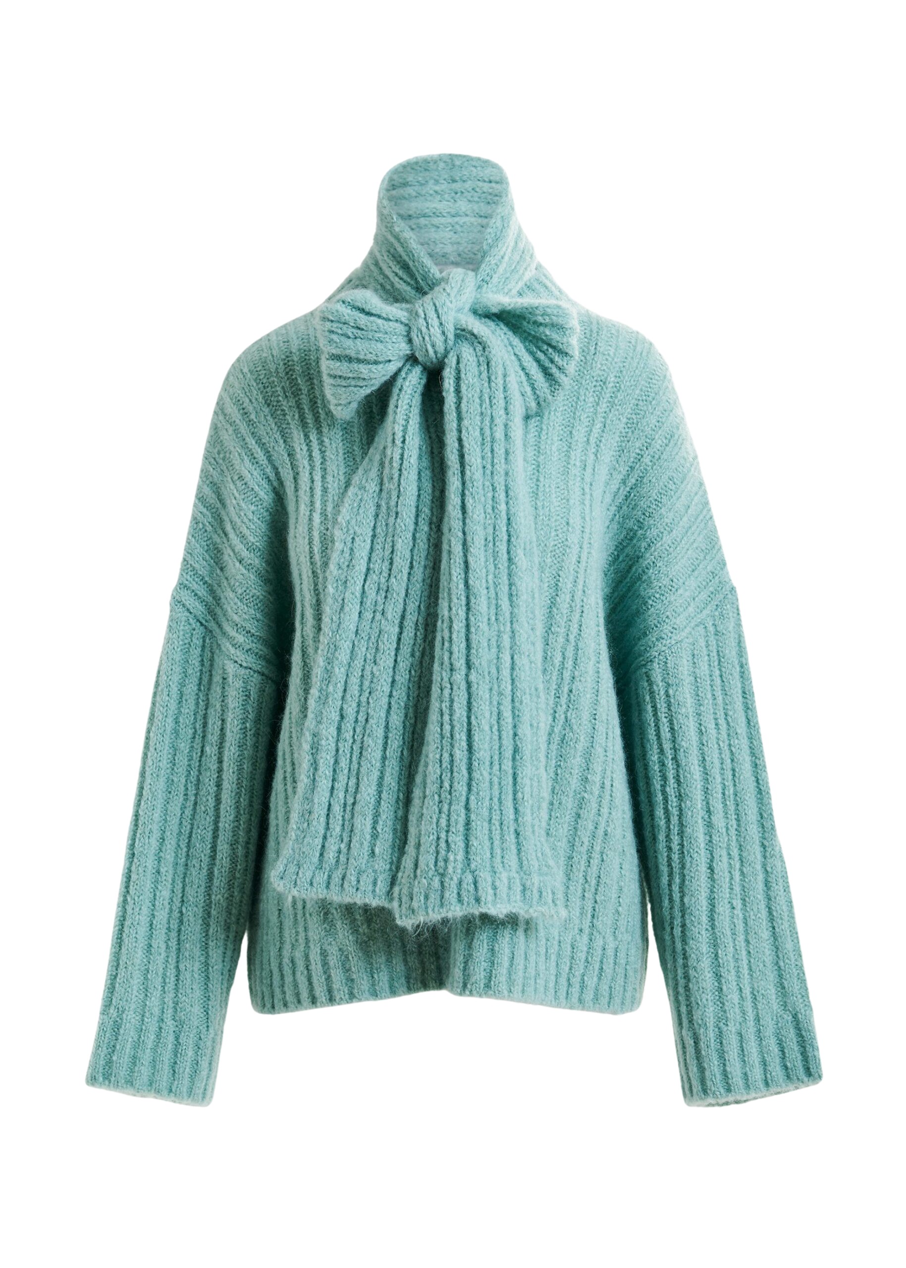 Essentiel Antwerp Light blue mohair-blend ribbed sweater with pussy-bow tie - Essentiel Antwerp Knitwear - Colorful Belgian Design - Shop at Coveti