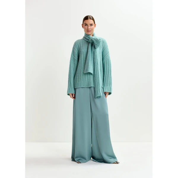 Essentiel Antwerp Light blue wide-leg satin pants, view 5