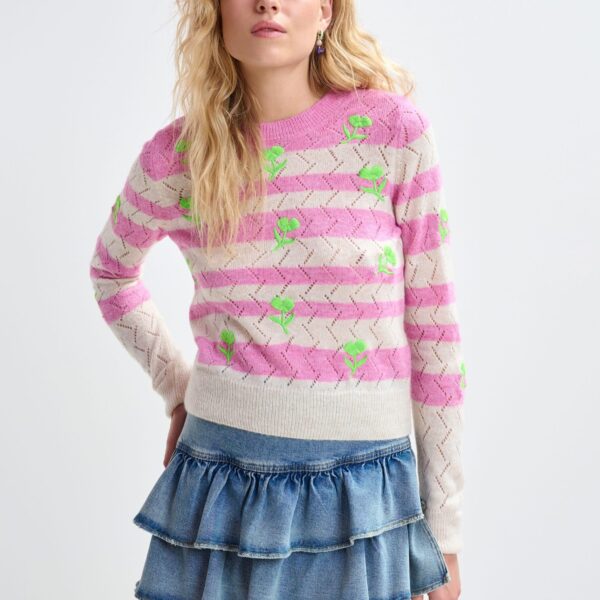 Essentiel Antwerp Light pink and pink striped intarsia-knitted sweater with green flower embroidery - Essentiel Antwerp Knitwear - Colorful Belgian Design - Shop at Coveti