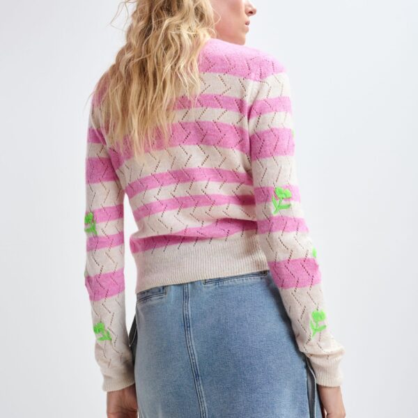 Essentiel Antwerp Light pink and pink striped intarsia-knitted sweater with green flower embroidery - Essentiel Antwerp Knitwear - Colorful Belgian Design - Shop at Coveti