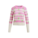 Essentiel Antwerp Light pink and pink striped intarsia-knitted sweater with green flower embroidery - Essentiel Antwerp Knitwear - Colorful Belgian Design - Shop at Coveti