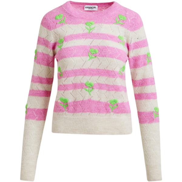 Essentiel Antwerp Light pink and pink striped intarsia-knitted sweater with green flower embroidery - Essentiel Antwerp Knitwear - Colorful Belgian Design - Shop at Coveti