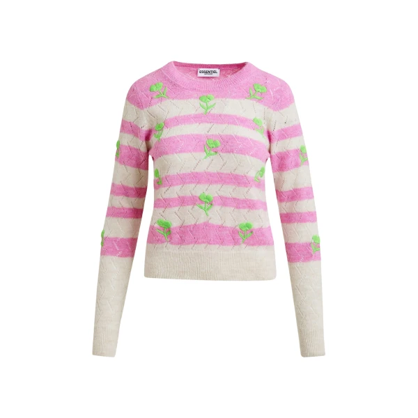 Essentiel Antwerp Light pink and pink striped intarsia-knitted sweater with green flower embroidery - Essentiel Antwerp Knitwear - Colorful Belgian Design - Shop at Coveti
