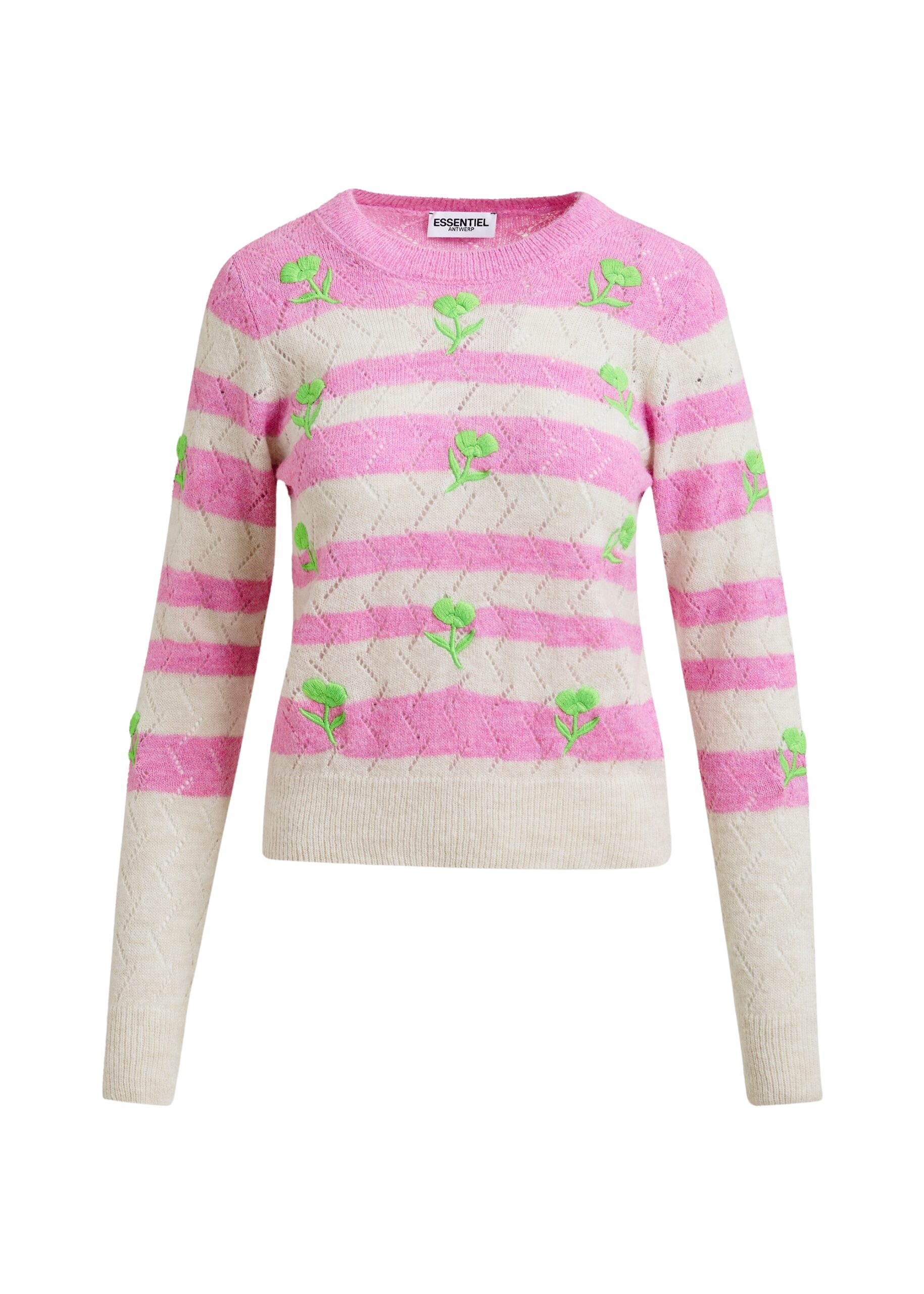 Essentiel Antwerp Light pink and pink striped intarsia-knitted sweater with green flower embroidery - Essentiel Antwerp Knitwear - Colorful Belgian Design - Shop at Coveti