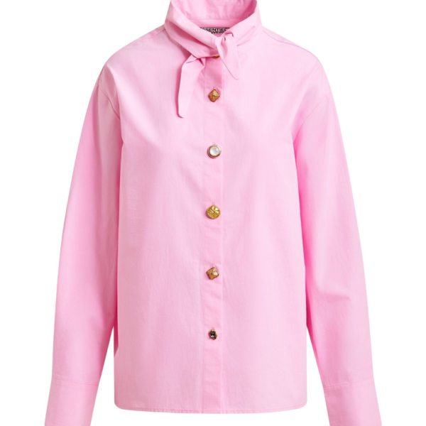 Essentiel Antwerp Light pink cotton shirt with elongated collar and mismatched buttons - Essentiel Antwerp Shirts - Colorful Belgian Design - Shop at Coveti