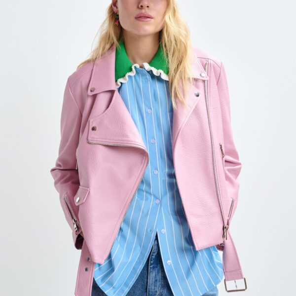Essentiel Antwerp Light pink fitted biker jacket - Essentiel Antwerp Jackets - Colorful Belgian Design - Shop at Coveti